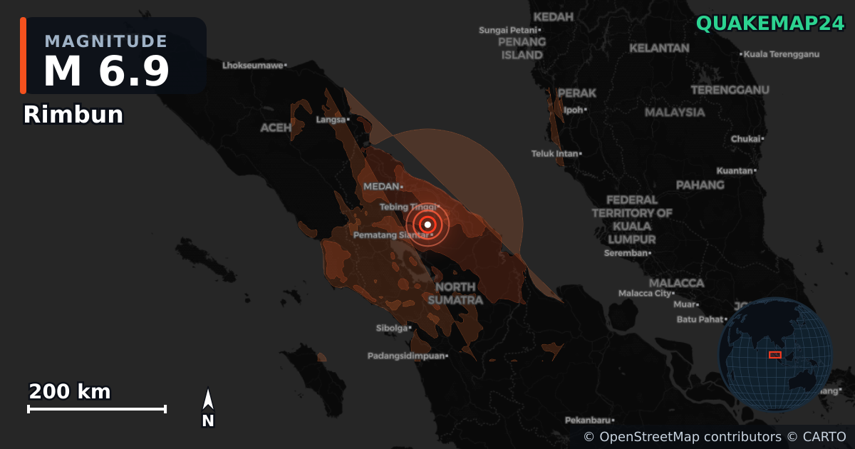 M6.9 earthquake near Rimbun on Aug 15, 2026 — map of epicenter and shaking intensity | QuakeMap24