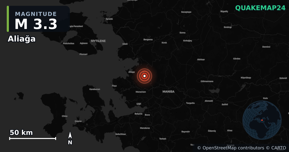 M3.3 earthquake near Aliağa on Jan 11, 2026 — map of epicenter and shaking intensity | QuakeMap24