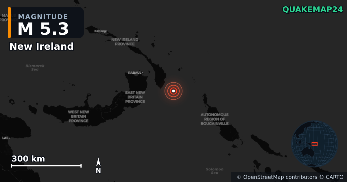 M5.3 earthquake near New Ireland on Sep 4, 2025 — map of epicenter and shaking intensity | QuakeMap24