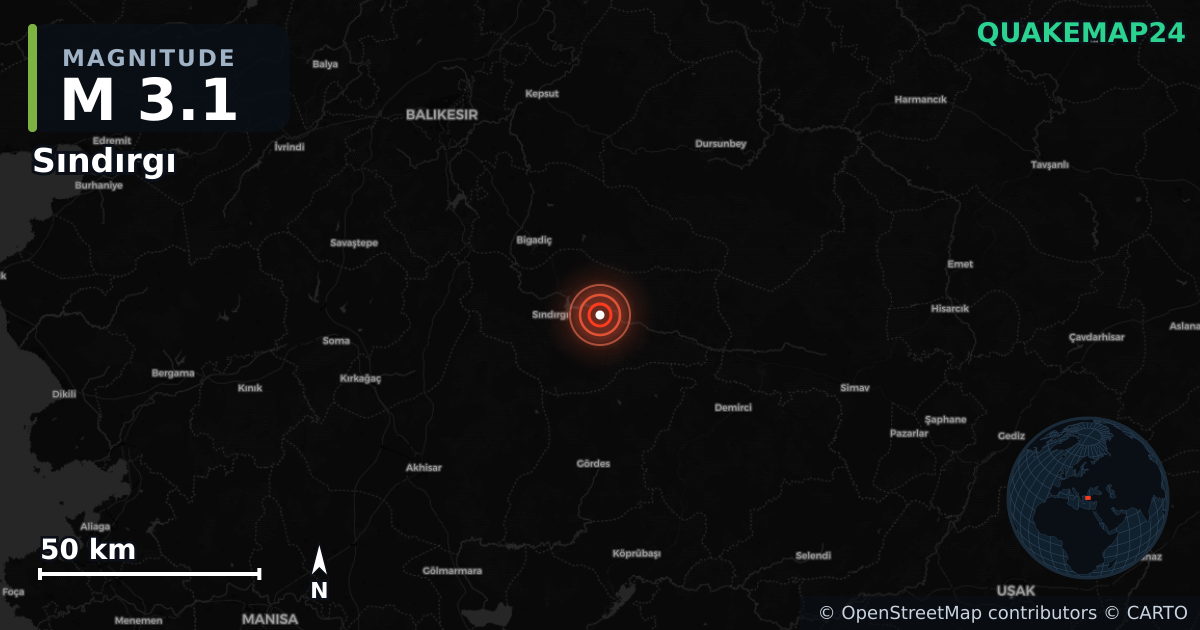 M3.1 earthquake near Sındırgı on Nov 13, 2025 — map of epicenter and shaking intensity | QuakeMap24