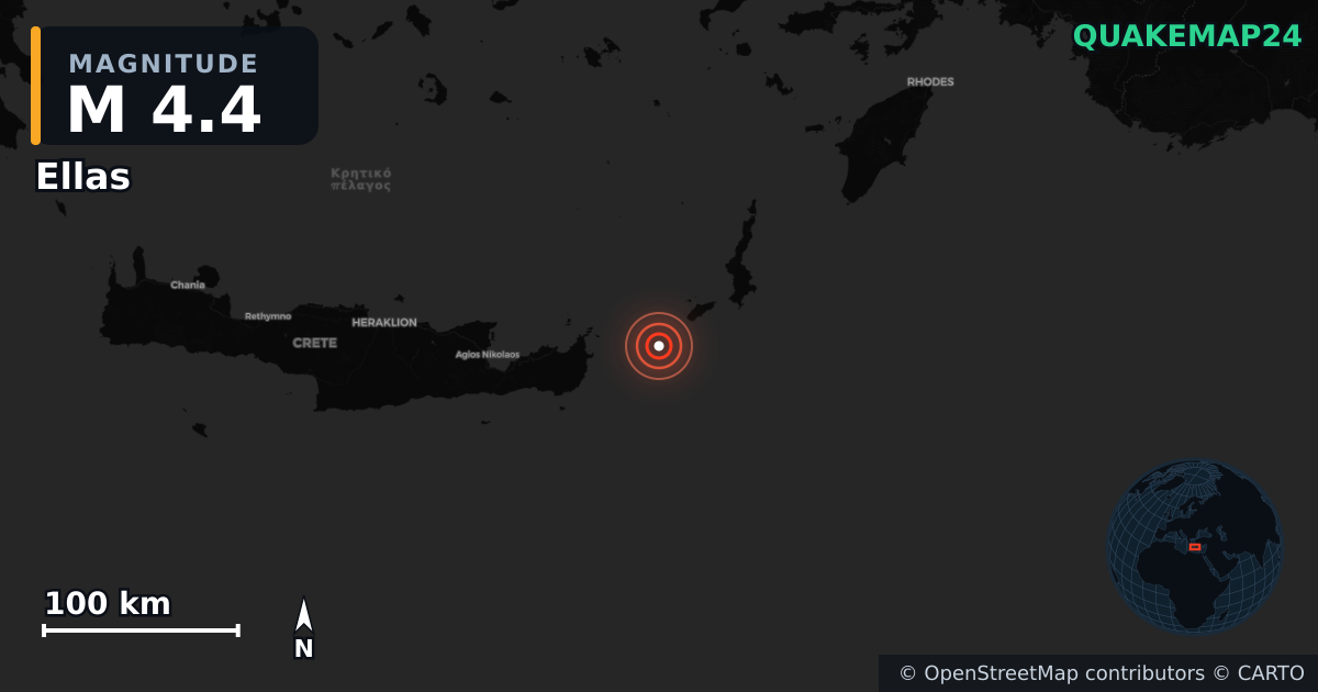 M4.4 earthquake near Ellas on May 23, 2026 — map of epicenter and shaking intensity | QuakeMap24