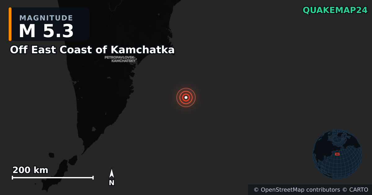 M5.3 earthquake near Off East Coast of Kamchatka on Jul 30, 2025 — map of epicenter and shaking intensity | QuakeMap24