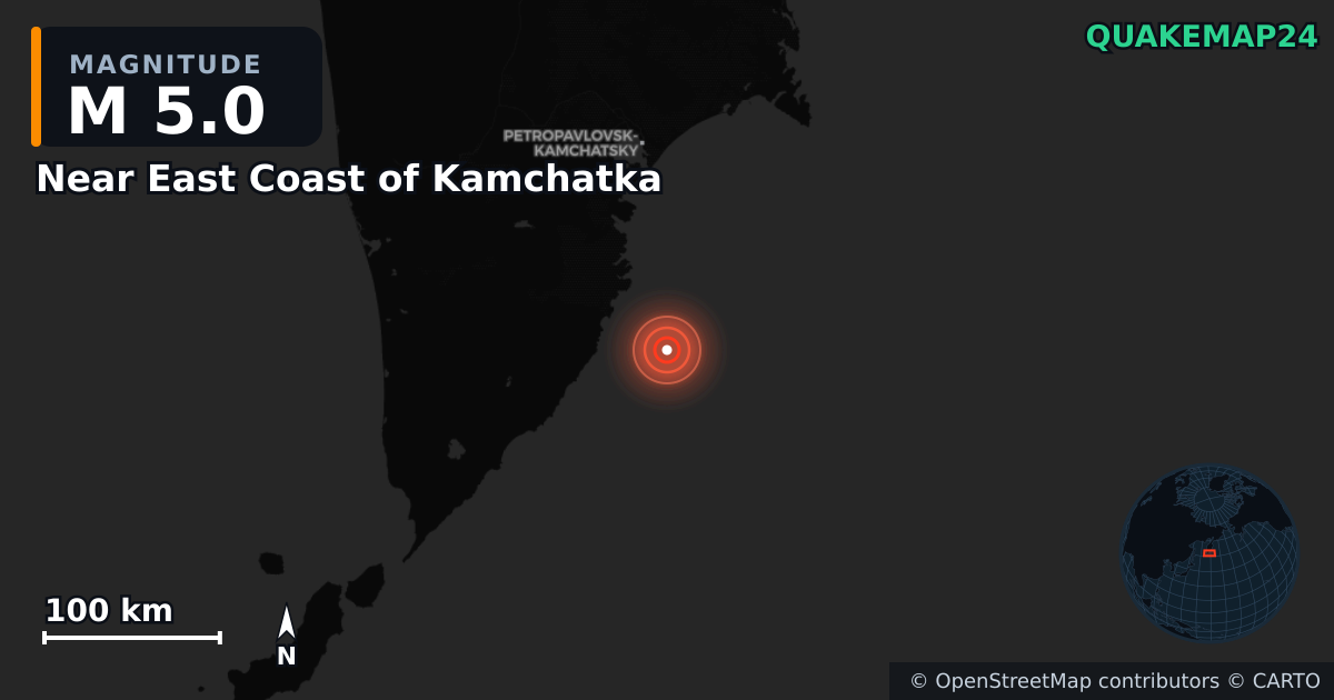 M5.0 earthquake near Near East Coast of Kamchatka on Sep 11, 2025 — map of epicenter and shaking intensity | QuakeMap24