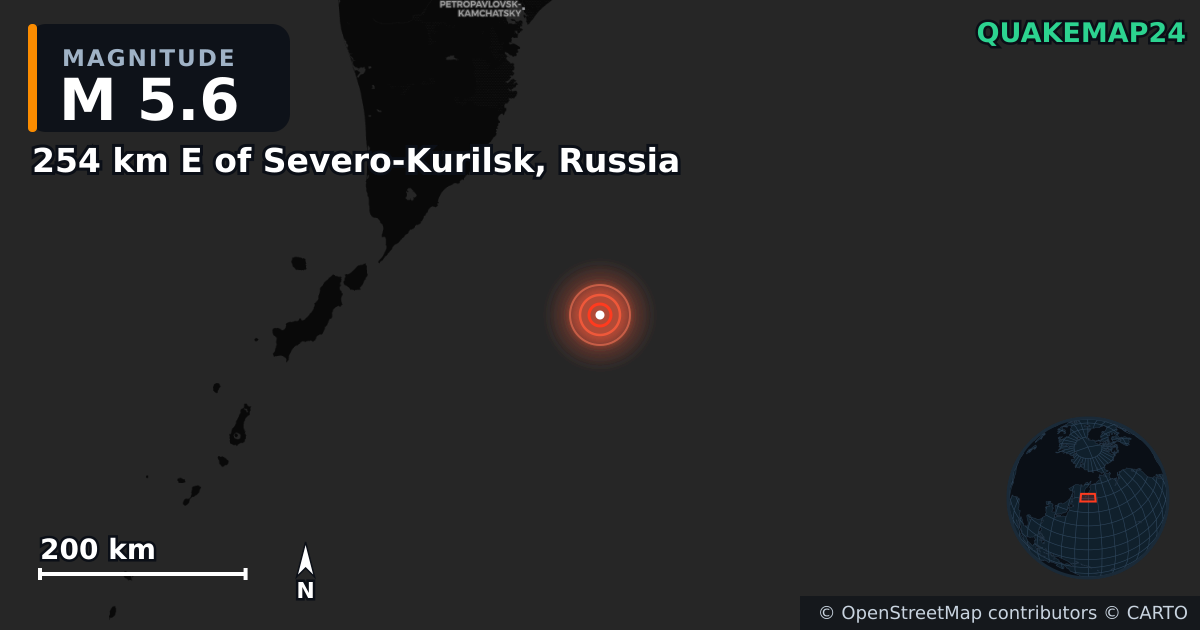 M5.6 earthquake near 254 km E of Severo-Kurilsk, Russia on Jul 30, 2025 — map of epicenter and shaking intensity | QuakeMap24