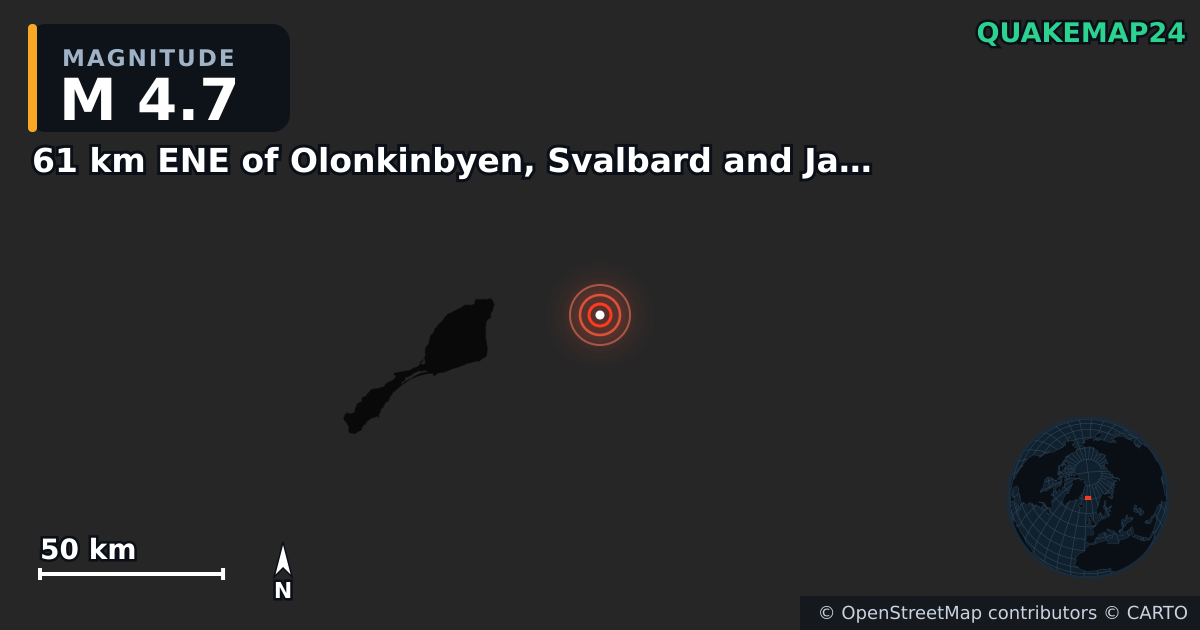 M4.7 earthquake near 61 km ENE of Olonkinbyen, Svalbard and Jan Mayen on Jul 8, 2026 — map of epicenter and shaking intensity | QuakeMap24