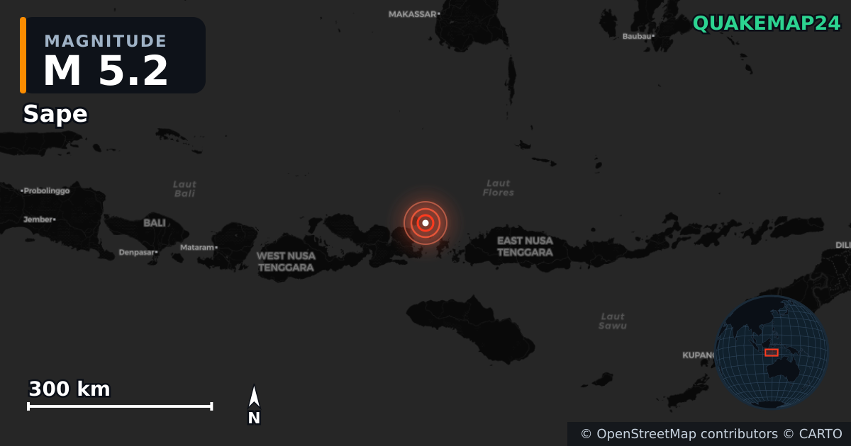 M5.2 earthquake near Sape on May 20, 2026 — map of epicenter and shaking intensity | QuakeMap24