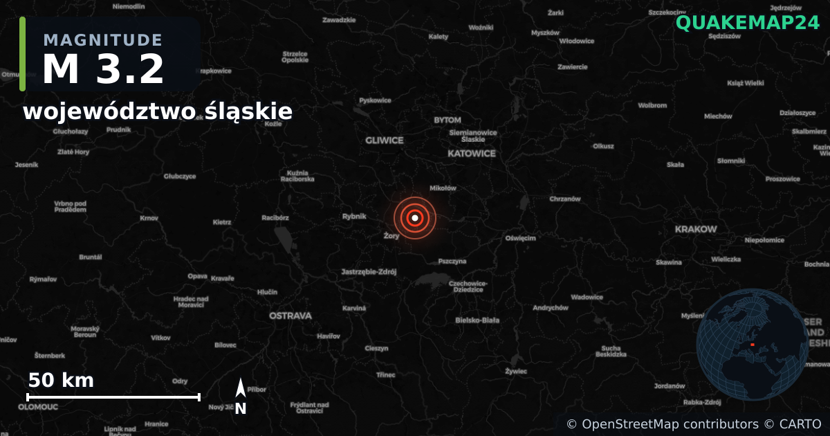 M3.2 earthquake near województwo śląskie on Nov 5, 2025 — map of epicenter and shaking intensity | QuakeMap24