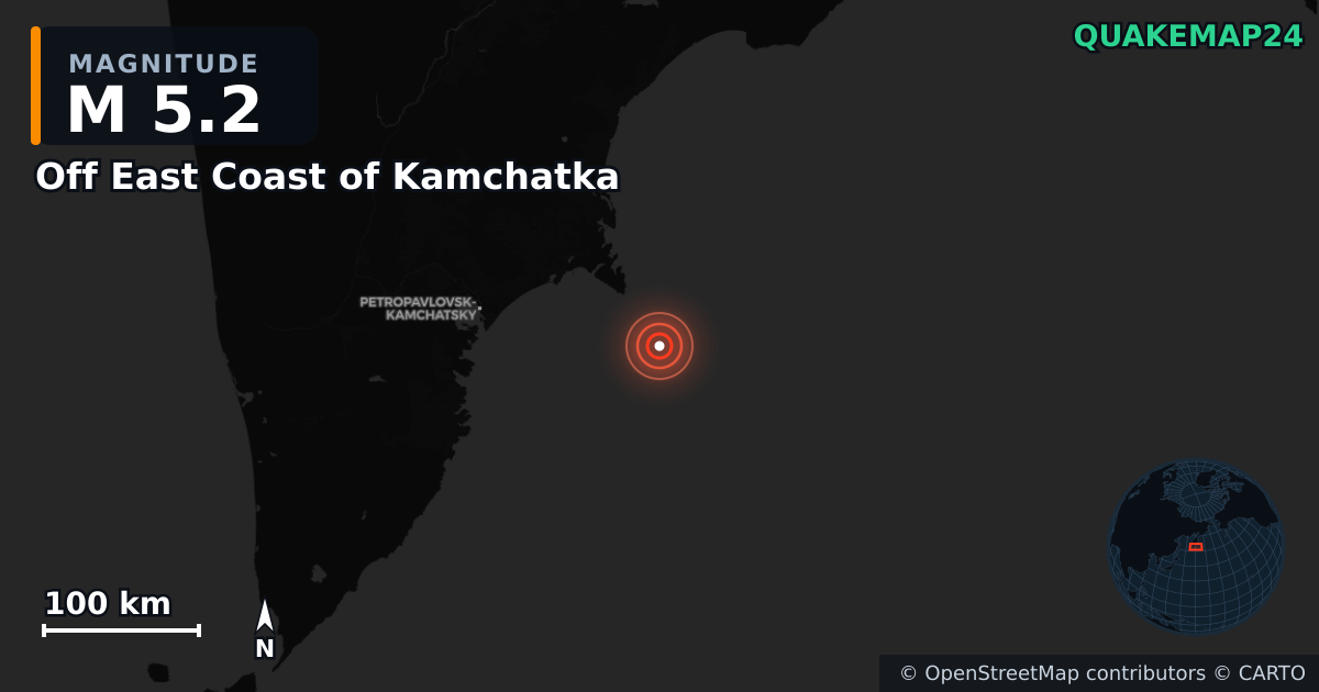 M5.2 earthquake near Off East Coast of Kamchatka on Jul 20, 2025 — map of epicenter and shaking intensity | QuakeMap24