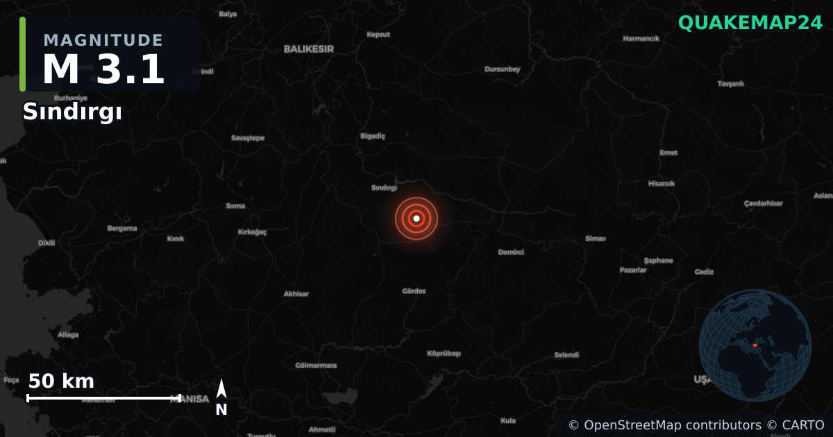 M3.1 earthquake near Sındırgı on Jan 21, 2026 — map of epicenter and shaking intensity | QuakeMap24
