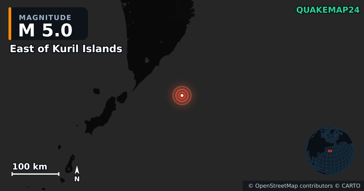 M5.0 earthquake near East of Kuril Islands on Aug 5, 2025 — map of epicenter and shaking intensity | QuakeMap24