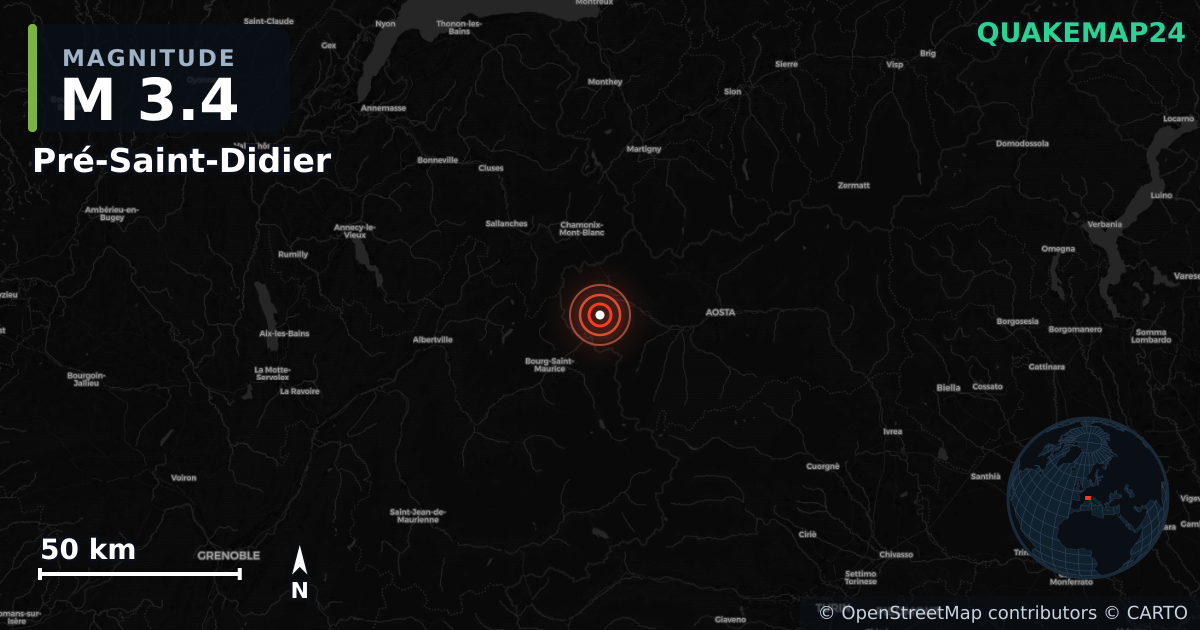 M3.4 earthquake near Pré-Saint-Didier on Jan 12, 2026 — map of epicenter and shaking intensity | QuakeMap24