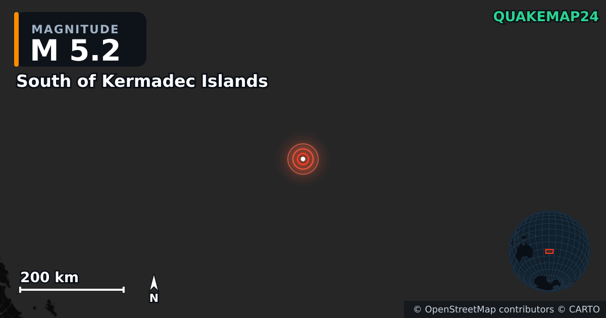M5.2 earthquake near South of Kermadec Islands on Mar 11, 2026 — map of epicenter and shaking intensity | QuakeMap24