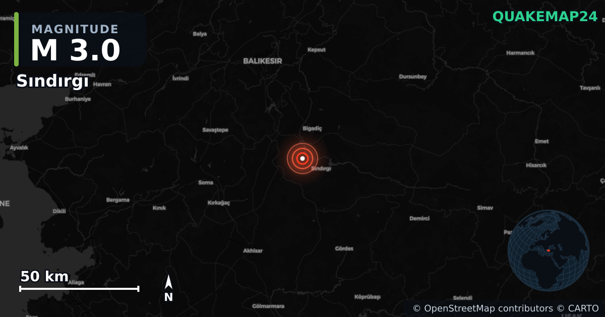 M3.0 earthquake near Sındırgı on Aug 25, 2025 — map of epicenter and shaking intensity | QuakeMap24