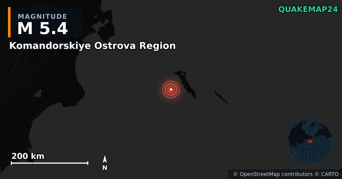 M5.4 earthquake near Komandorskiye Ostrova Region on Feb 26, 2025 — map of epicenter and shaking intensity | QuakeMap24