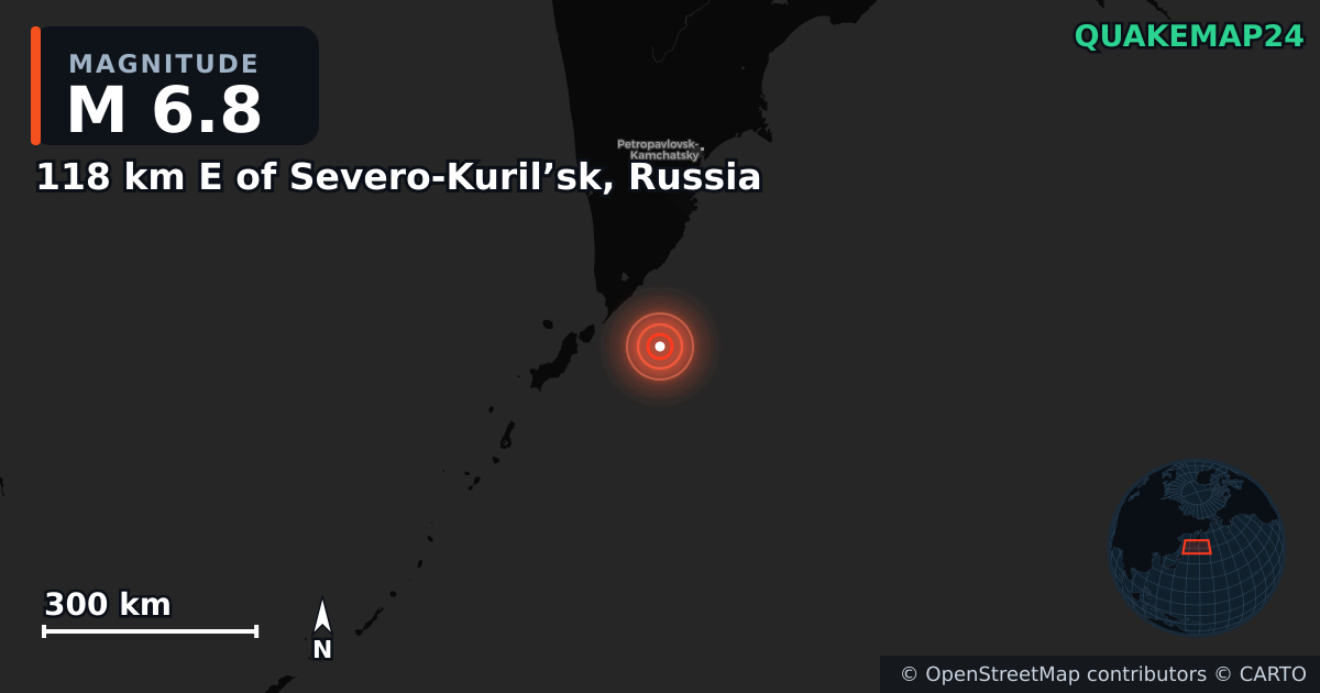 M6.8 earthquake near 118 km E of Severo-Kuril’sk, Russia on Aug 3, 2025 — map of epicenter and shaking intensity | QuakeMap24