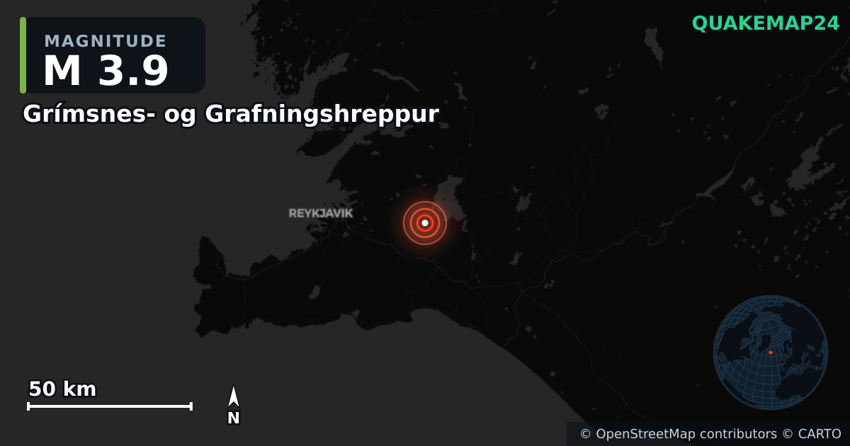M3.9 earthquake near Grímsnes- og Grafningshreppur on Jul 27, 2026 — map of epicenter and shaking intensity | QuakeMap24