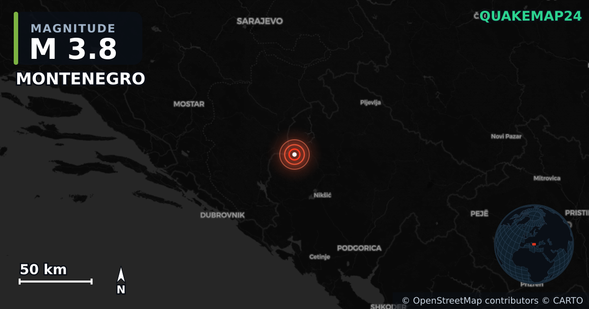 M3.8 earthquake near MONTENEGRO on Oct 29, 2025 — map of epicenter and shaking intensity | QuakeMap24