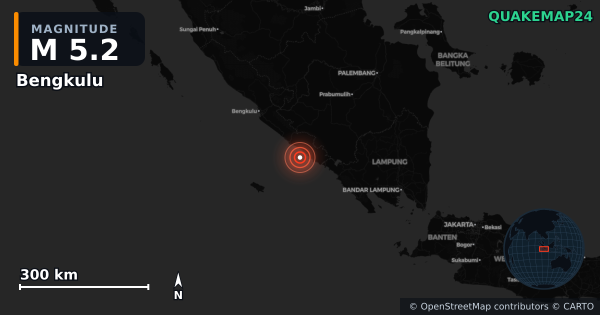 M5.2 earthquake near Bengkulu on Aug 30, 2025 — map of epicenter and shaking intensity | QuakeMap24