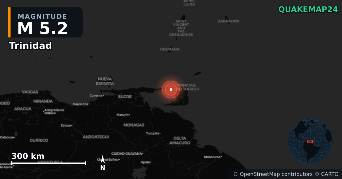 M5.2 earthquake near Trinidad on Oct 24, 2025 — map of epicenter and shaking intensity | QuakeMap24
