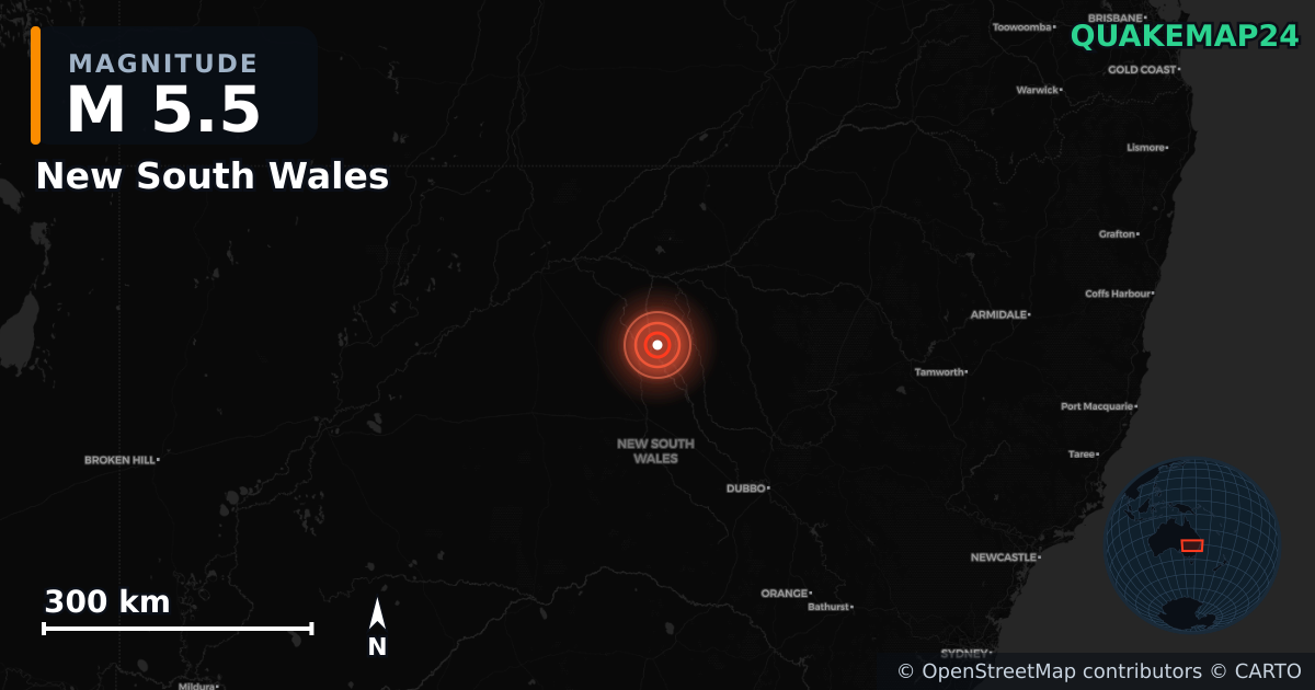 M5.5 earthquake near New South Wales on May 23, 2025 — map of epicenter and shaking intensity | QuakeMap24