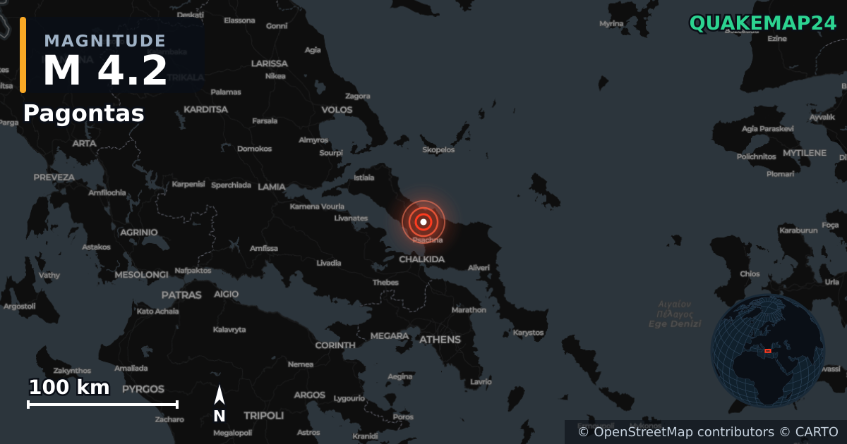 Σεισμός M4,2 κοντά στο Pagontas, Central Greece (Ελλάδα) · 2026-06-08 — Χάρτης της θέσης του επικέντρου