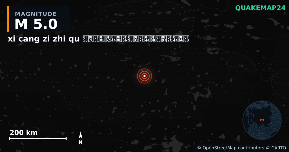 M5.0 earthquake near xi cang zi zhi qu བོད་རང་སྐྱོང་ལྗོངས། on Aug 26, 2025 — map of epicenter and shaking intensity | QuakeMap24