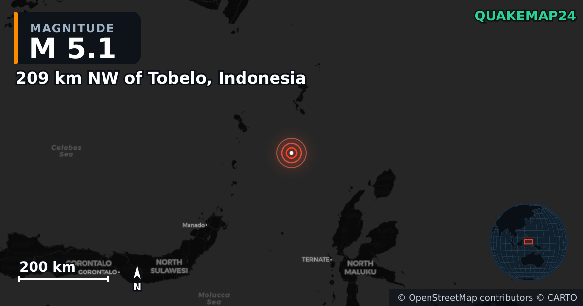 M5.1 earthquake near 209 km NW of Tobelo, Indonesia on Feb 25, 2025 — map of epicenter and shaking intensity | QuakeMap24