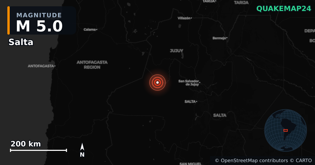 M5.0 earthquake near Salta on Jul 13, 2025 — map of epicenter and shaking intensity | QuakeMap24