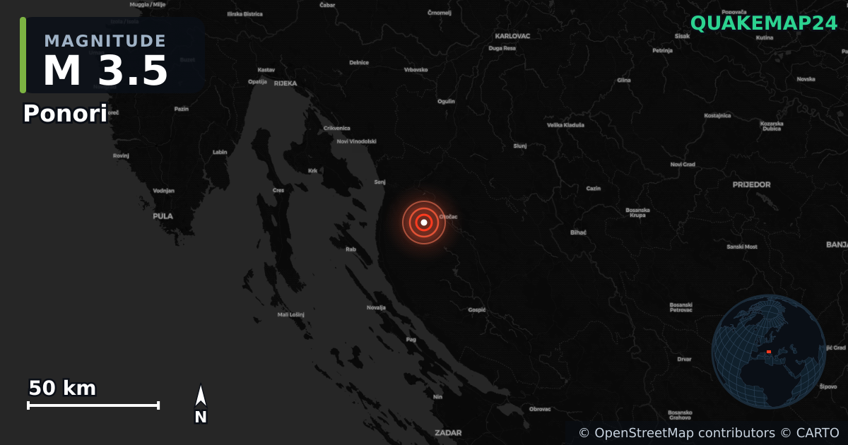 M3.5 earthquake near Ponori on Jan 6, 2026 — map of epicenter and shaking intensity | QuakeMap24