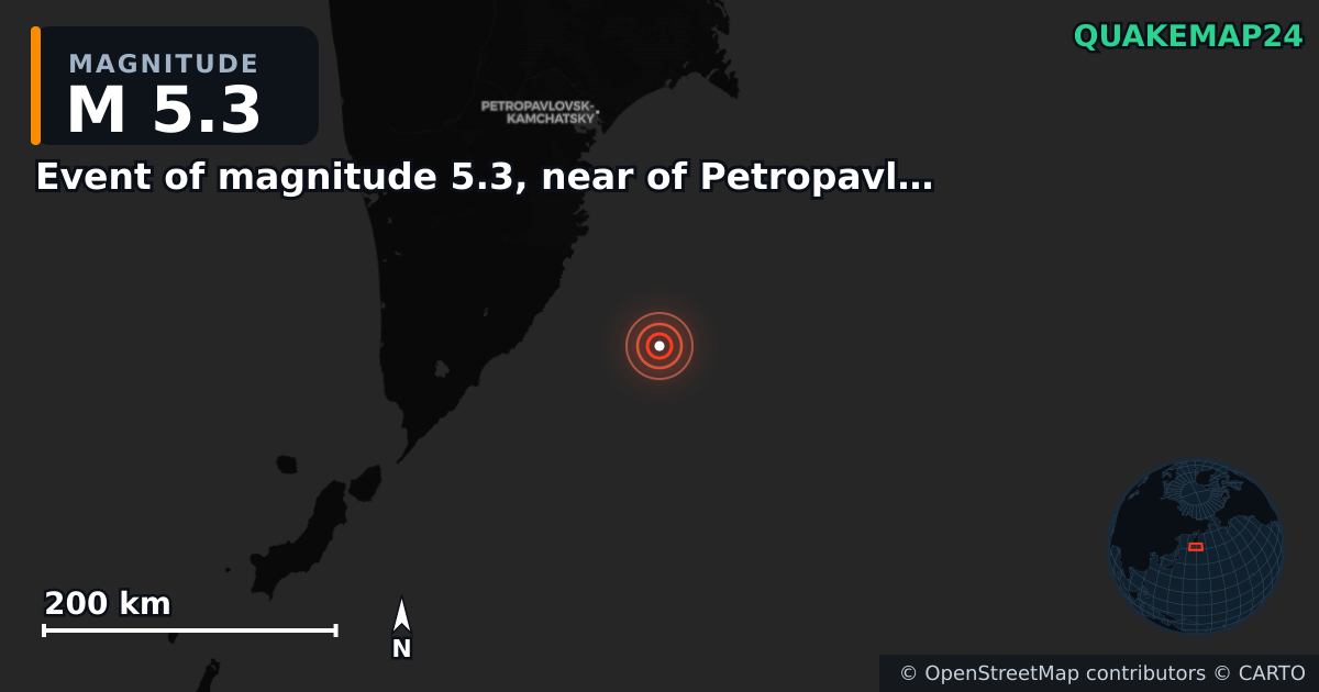 M5.3 earthquake near Event of magnitude 5.3, near of Petropavlovsk Kamchatskiy (Monde) on Feb 9, 2026 — map of epicenter and shaking intensity | QuakeMap24