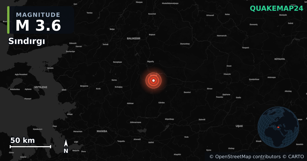 M3.6 earthquake near Sındırgı on Aug 23, 2025 — map of epicenter and shaking intensity | QuakeMap24