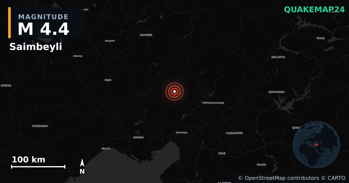 Σεισμός M4,4 κοντά στο Saimbeyli, Adana (Τουρκία) · 2026-10-04 — Χάρτης της θέσης του επικέντρου