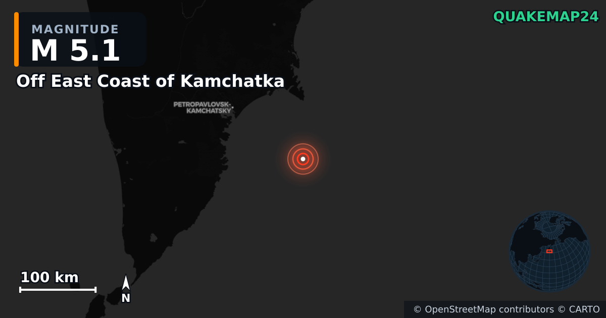 M5.1 earthquake near Off East Coast of Kamchatka on Nov 4, 2025 — map of epicenter and shaking intensity | QuakeMap24