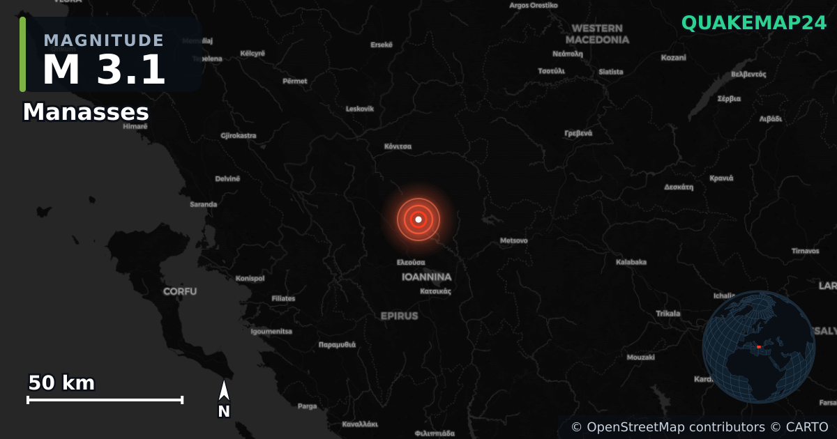 M3.1 earthquake near Manasses on Apr 9, 2026 — map of epicenter and shaking intensity | QuakeMap24