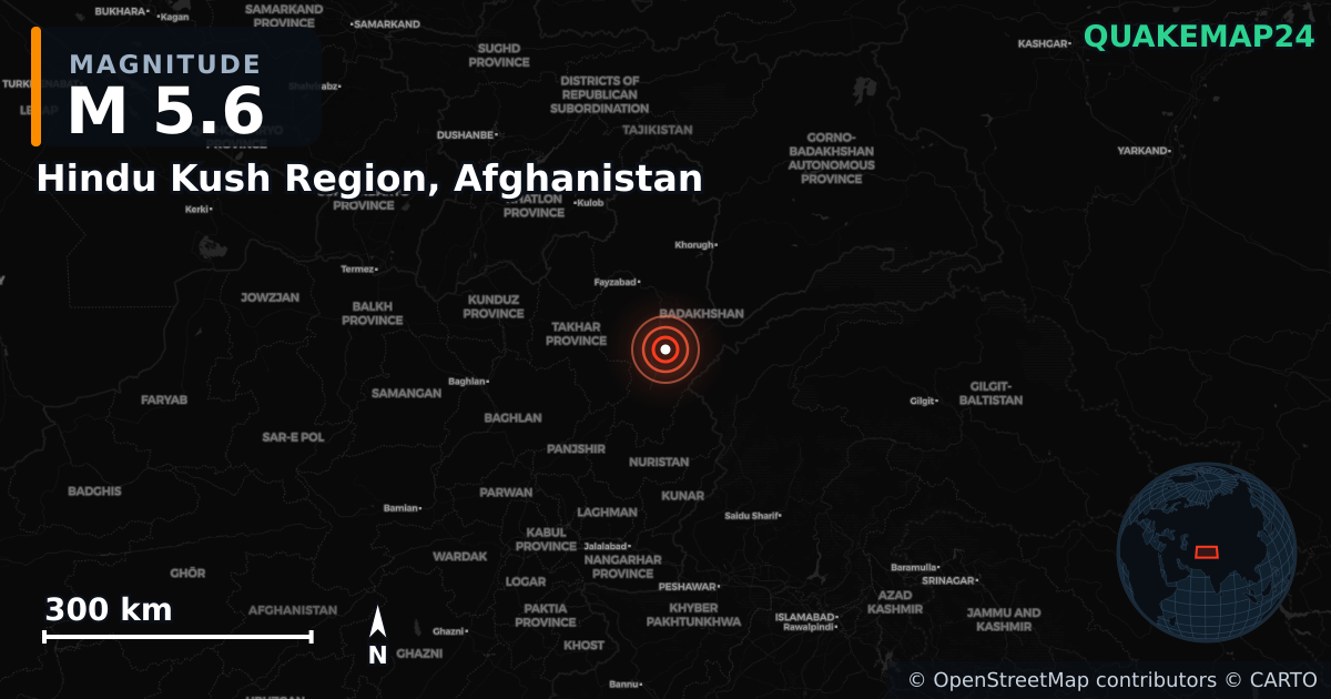 M5.6 earthquake near Hindu Kush Region, Afghanistan on Apr 3, 2026 — map of epicenter and shaking intensity | QuakeMap24