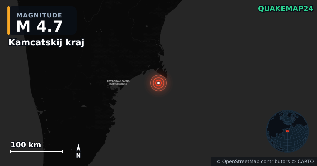 M4.7 earthquake near Kamcatskij kraj on Dec 23, 2025 — map of epicenter and shaking intensity | QuakeMap24