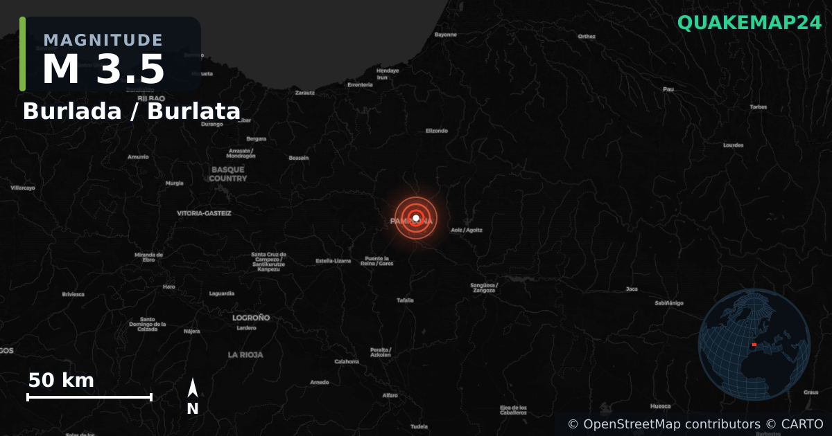 Erdbeben M3,5 bei Burlada / Burlata, Navarre (Spanien) · 2026-10-09 — Karte der Lage des Epizentrums