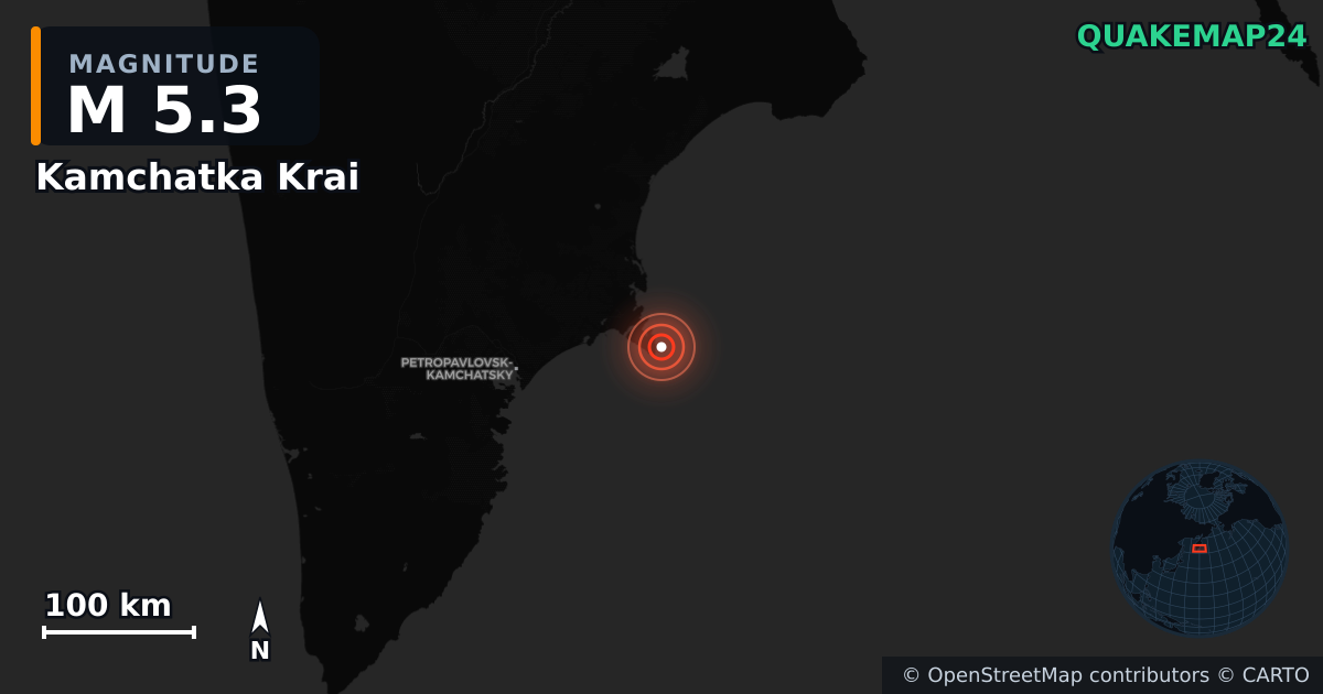 M5.3 earthquake near Kamchatka Krai on Aug 29, 2025 — map of epicenter and shaking intensity | QuakeMap24
