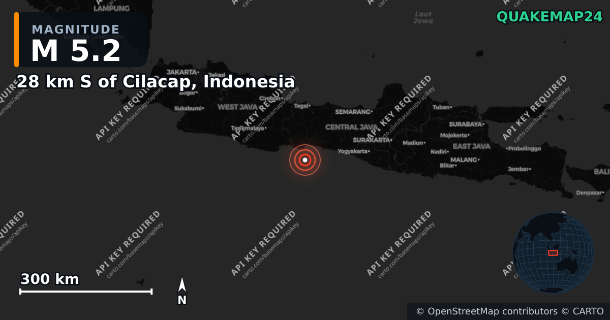 M5.2 earthquake near 28 km S of Cilacap, Indonesia on Sep 4, 2026 — map of epicenter and shaking intensity | QuakeMap24