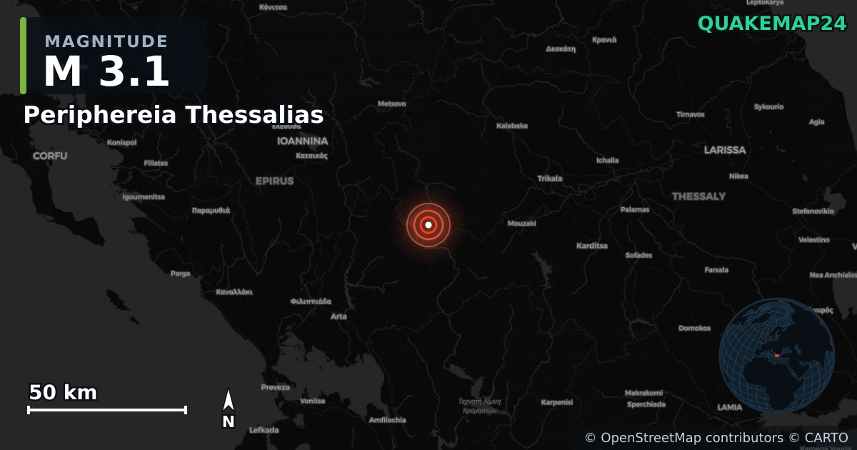 M3.1 earthquake near Periphereia Thessalias on Dec 2, 2025 — map of epicenter and shaking intensity | QuakeMap24
