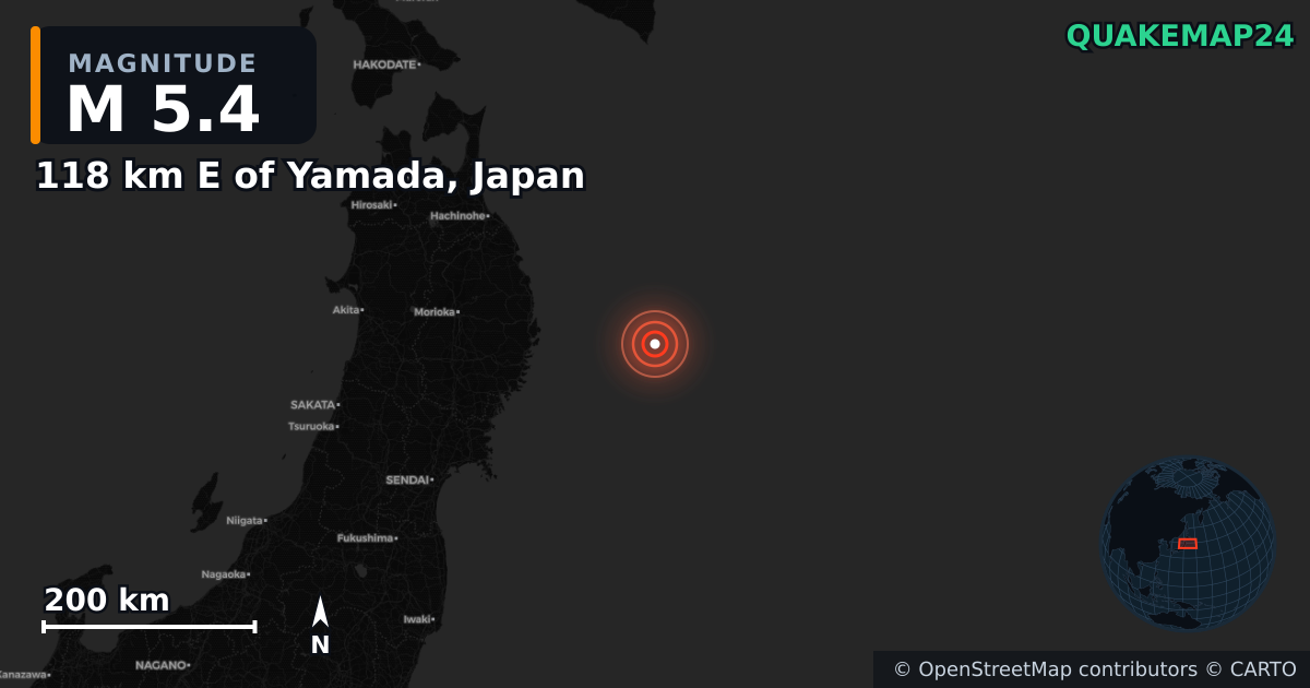 M5.4 earthquake near 118 km E of Yamada, Japan on Nov 8, 2025 — map of epicenter and shaking intensity | QuakeMap24