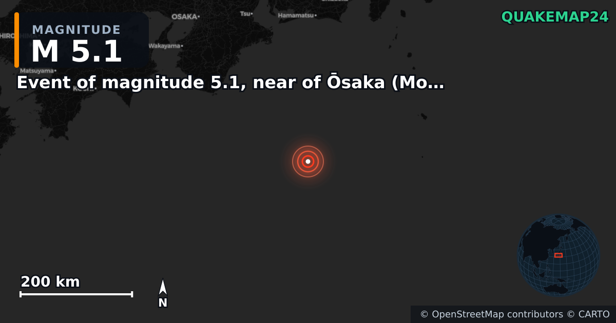M5.1 earthquake near Event of magnitude 5.1, near of Ōsaka (Monde) on Dec 12, 2025 — map of epicenter and shaking intensity | QuakeMap24
