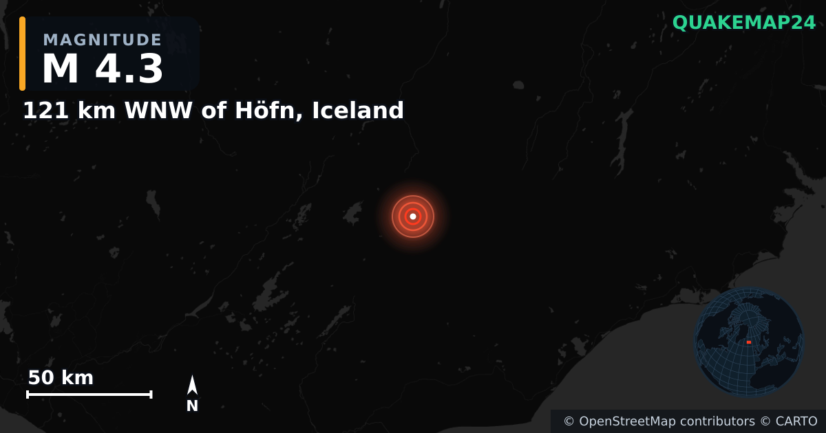 M4.3 earthquake near 121 km WNW of Höfn, Iceland on Jan 14, 2025 — map of epicenter and shaking intensity | QuakeMap24