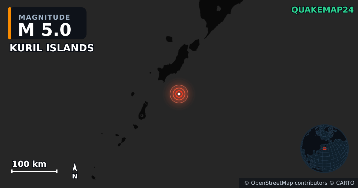 M5.0 earthquake near KURIL ISLANDS on Jul 30, 2025 — map of epicenter and shaking intensity | QuakeMap24