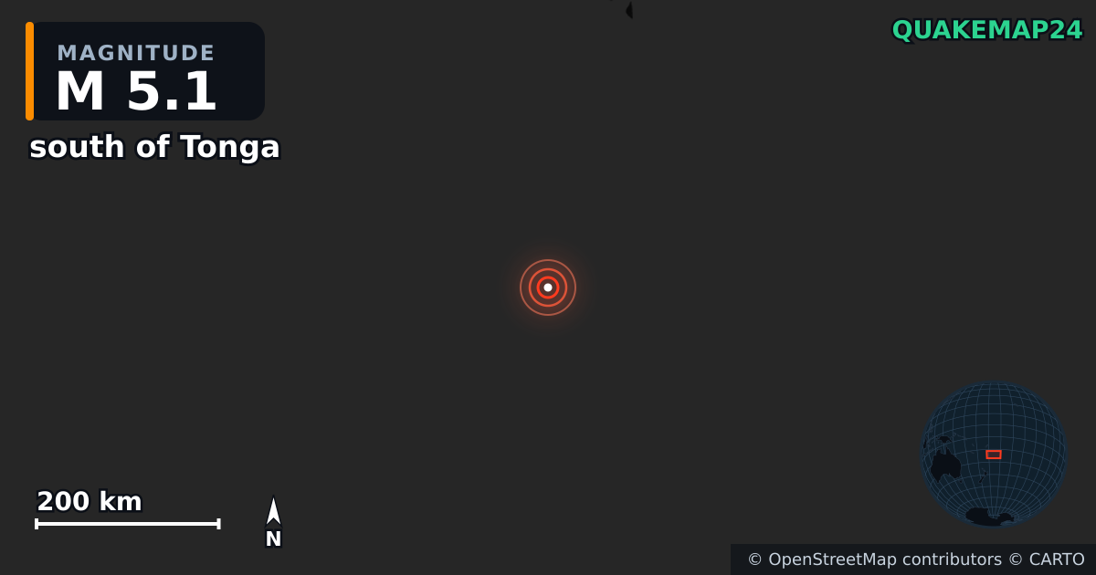M5.1 earthquake near south of Tonga on Jul 17, 2025 — map of epicenter and shaking intensity | QuakeMap24