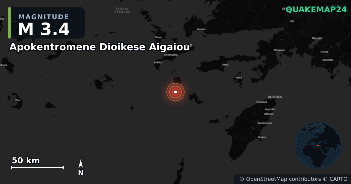 M3.4 earthquake near Apokentromene Dioikese Aigaiou on Oct 31, 2025 — map of epicenter and shaking intensity | QuakeMap24