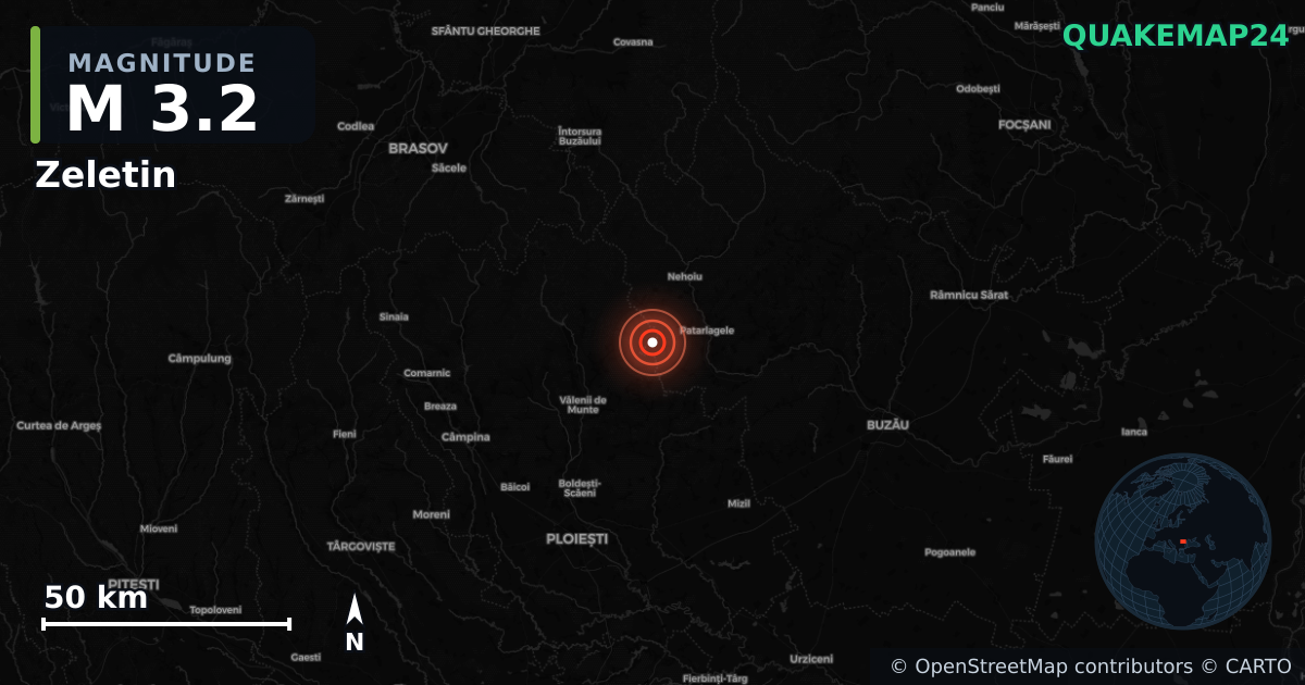 M3.2 earthquake near Zeletin on Aug 7, 2026 — map of epicenter and shaking intensity | QuakeMap24