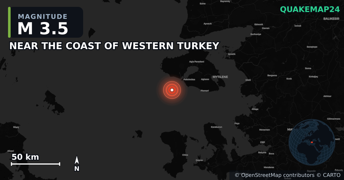M3.5 earthquake near NEAR THE COAST OF WESTERN TURKEY on Jan 2, 2026 — map of epicenter and shaking intensity | QuakeMap24