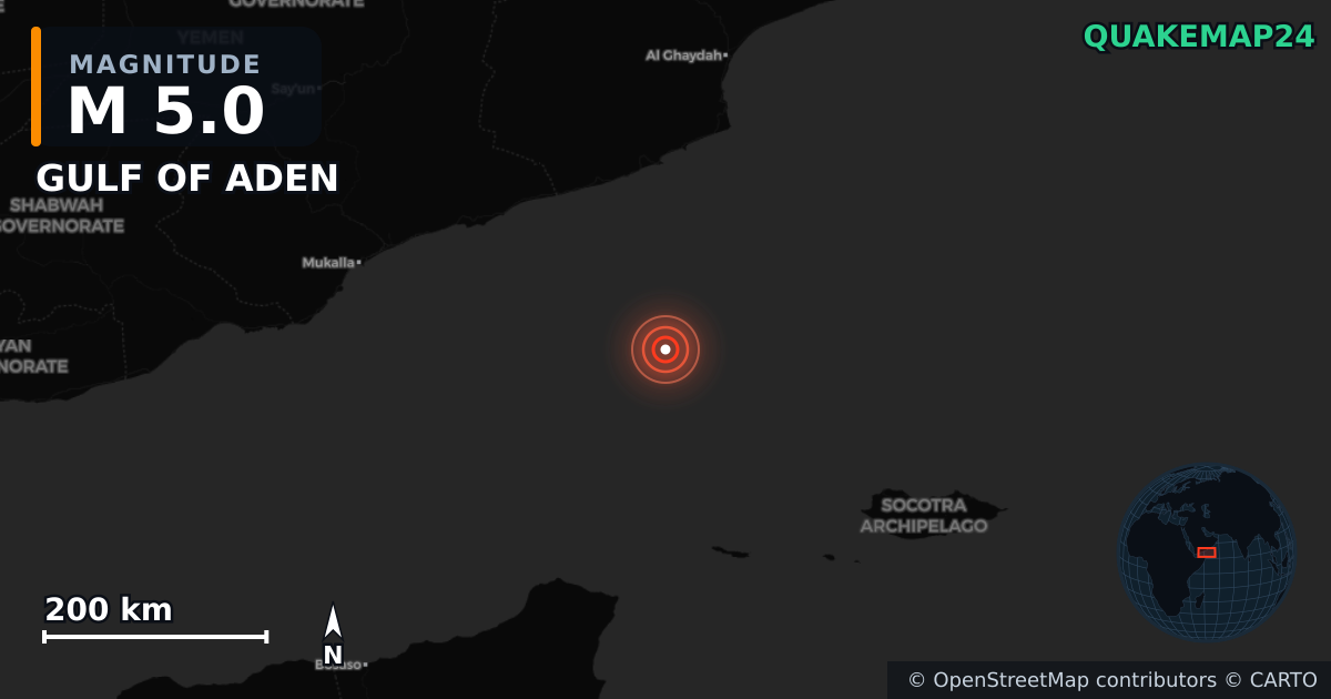 M5.0 Earthquake near GULF OF ADEN · 2026-05-30 — Map showing the location of the epicenter
