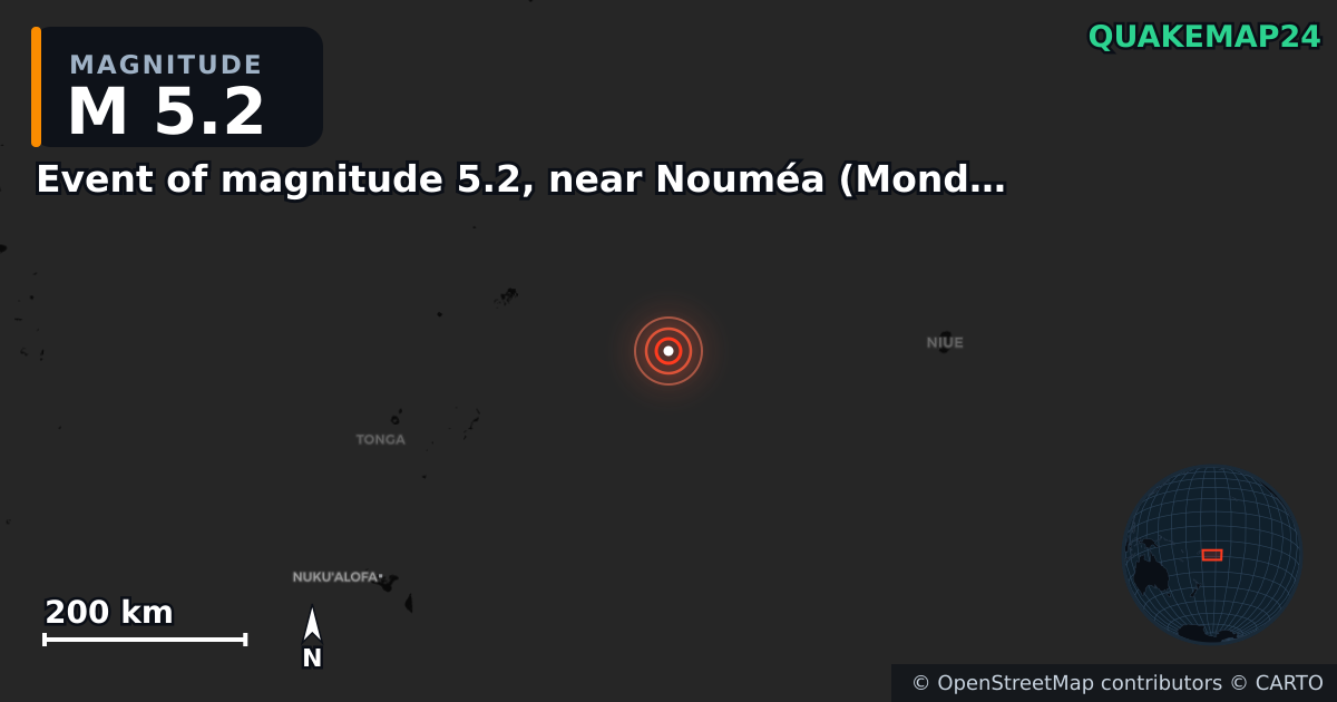 M5.2 Earthquake near Event of magnitude 5.2, near Nouméa (Monde) · 2026-06-10 — Map showing the location of the epicenter